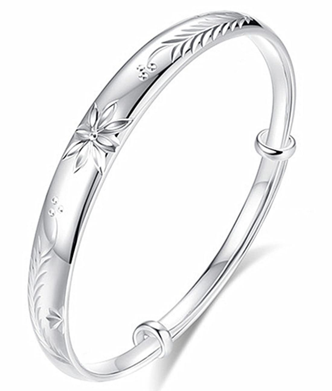 Sterling Silver Bangle Bracelets for Women,Fashion Jewelry Simple Adjustable 925 Silver Cuff Bangles for Women Mom Wife Valentine Mothers Day Gift
